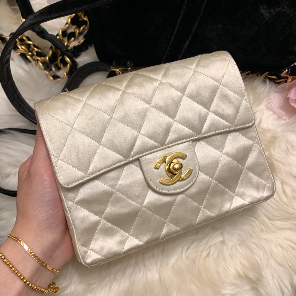 Vintage Chanel 24k white satin mini square flap